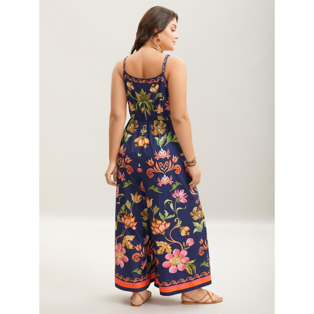 Plus Size DarkBlue Tropical Flowers Print Pockets Cami Jumpsuit Women Resort Sleeveless V-neck Vacation Loose Jumpsuits BloomChic 30/6X Product Image