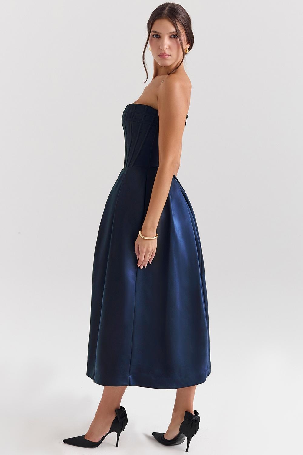Bellina  midnight blue strapless detachable bow midi dress - sale Product Image