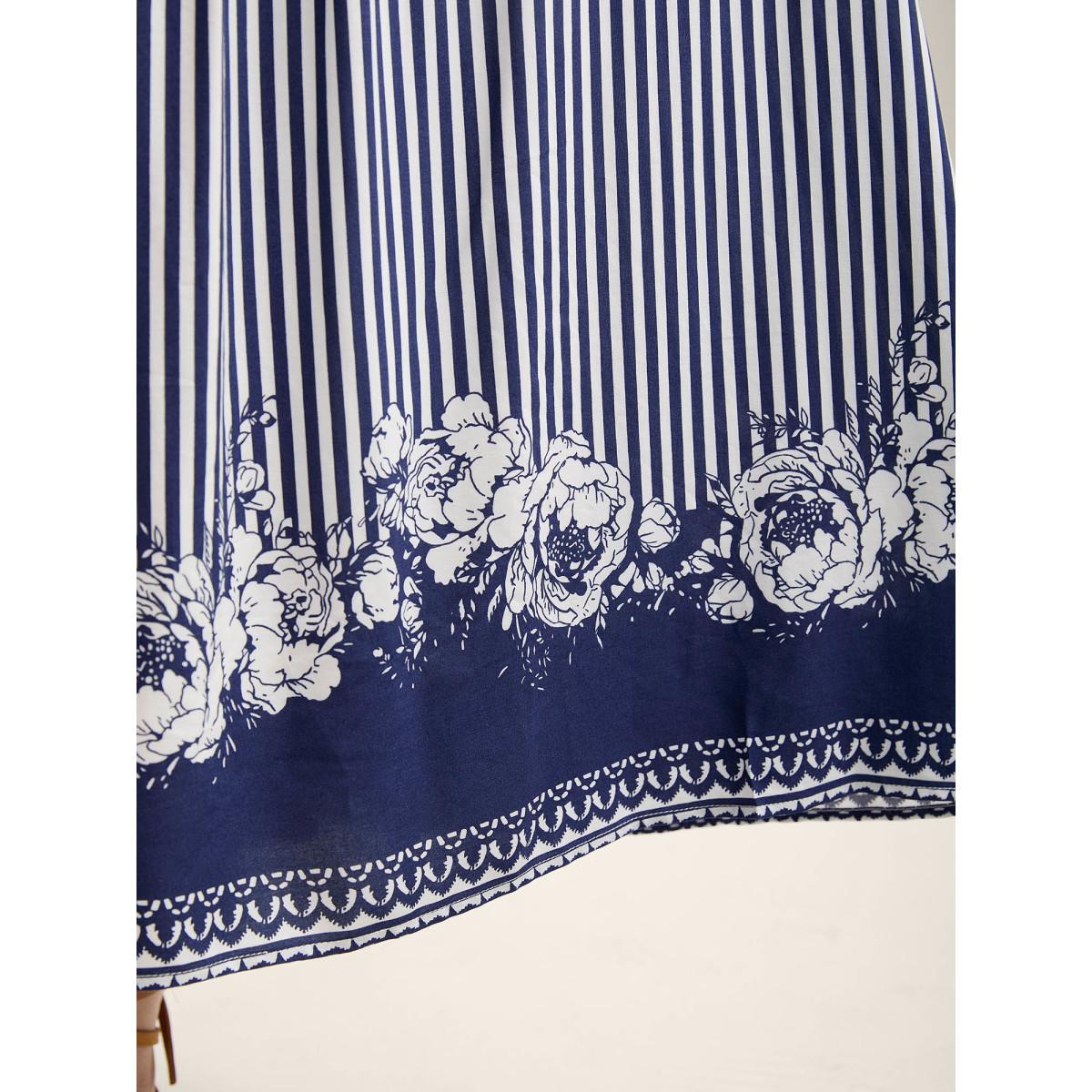 Plus Size Striped Floral Hem Flowy Maxi Skirt Women DarkBlue Loose No stretch Side seam pocket Vacation Skirts BloomChic 10/M Product Image