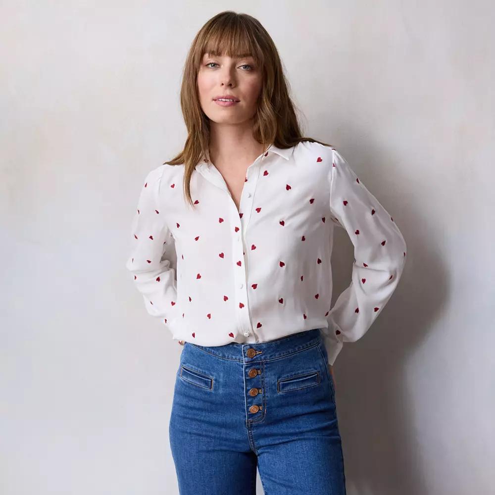 Petite LC Lauren Conrad Collared Button Front Shirt, Women's, Size: XXL Petite, Red Tossed Hearts Product Image