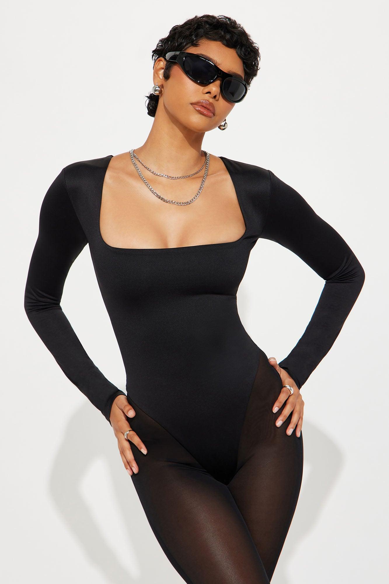 Contour Double Lined Long Sleeve Square Neck Bodysuit - Black Female Product Image