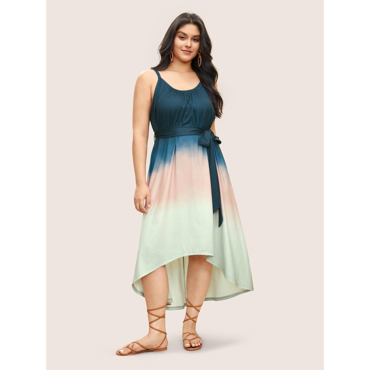 Plus Size Tie Dye Belted Gathered Asymmetrical Hem Dress Indigo Women Resort Non V-neck Sleeveless Curvy Midi Dress BloomChic 14-16/1X Product Image