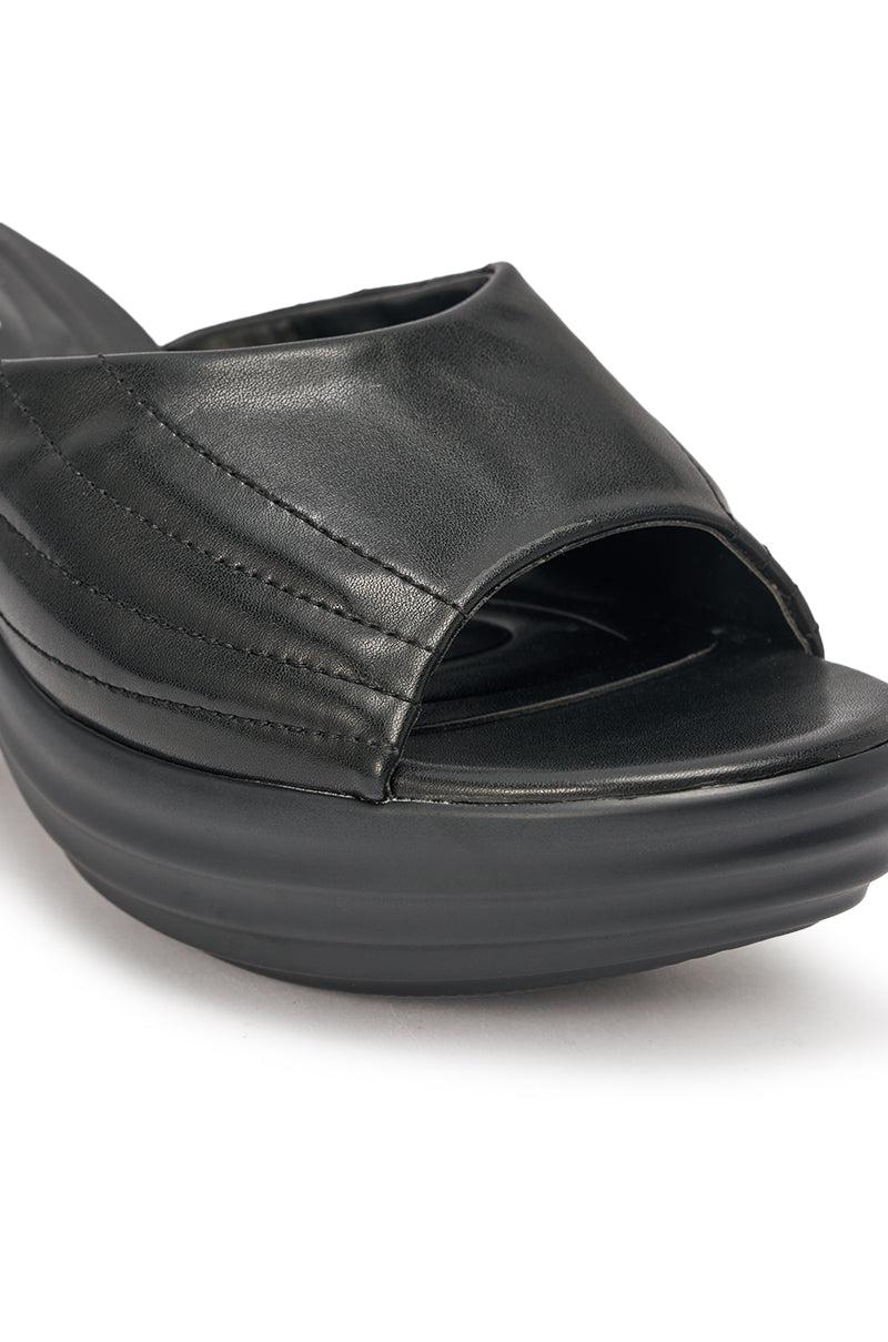 AZALEA WANG MIRAGE BLACK PU FLATFORM SLIP ON SANDAL Product Image