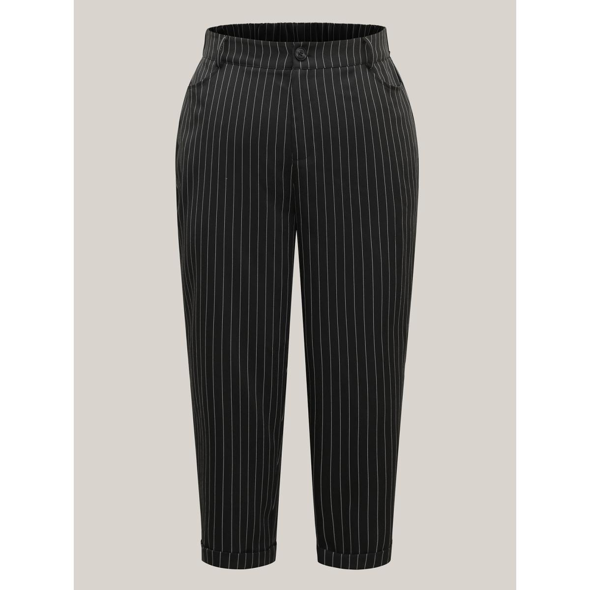 Plus Size Stripes Print Pockets Straight-Fit Pants Women Black Office Straight Leg Mid Rise Office Pants BloomChic 30/6X Product Image