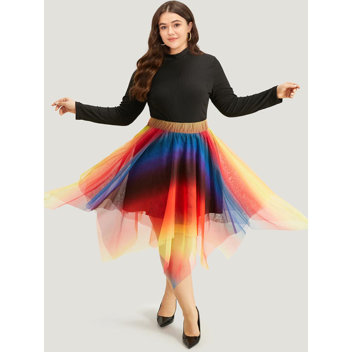 Plus Size Halloween Ombre Tiered Elastic Waist Hanky Hem Skirt Women Multicolor Glamour Contrast No stretch Festival-Halloween Skirts BloomChic 28/5X Product Image