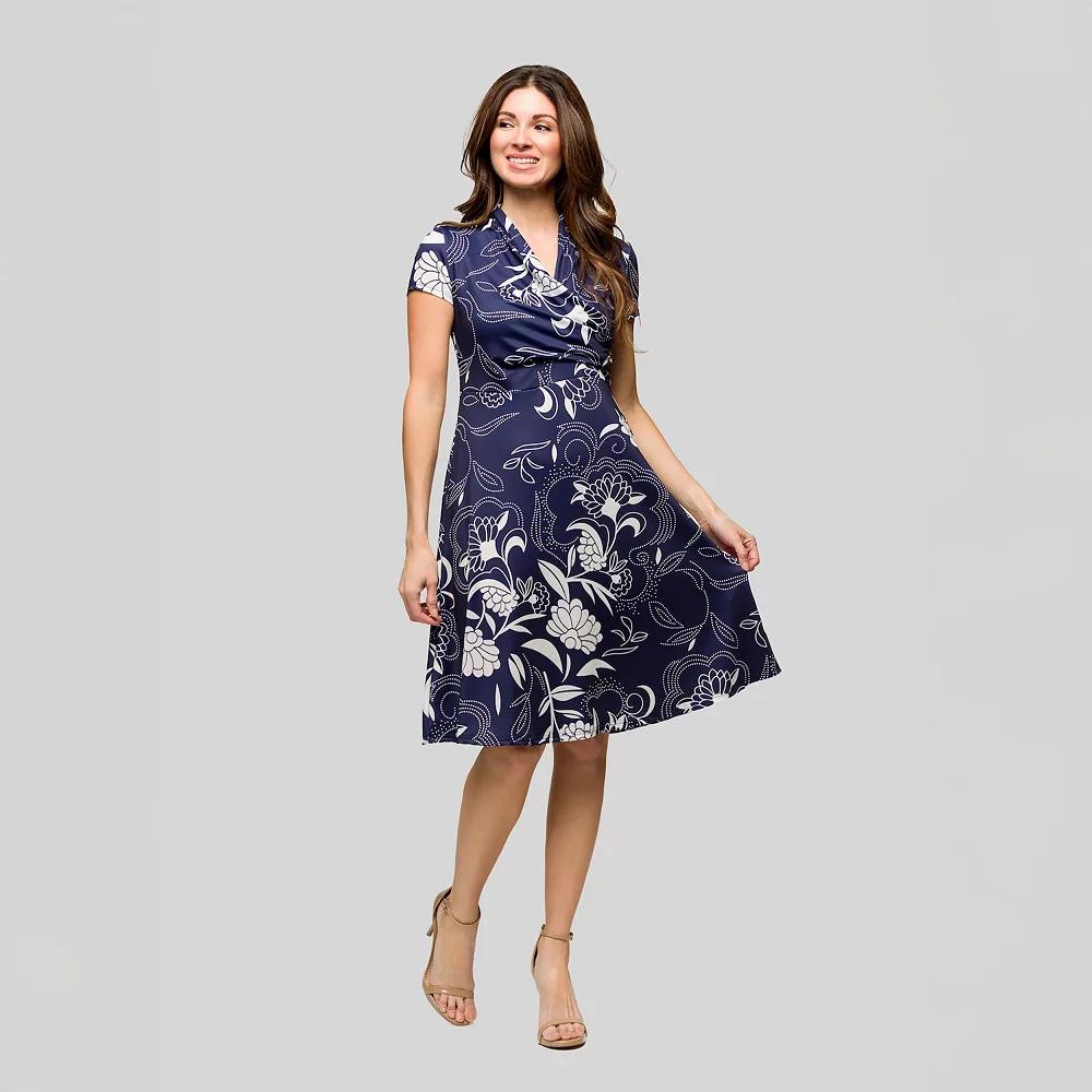 Women's 24Seven Comfort Apparel Short Sleeve Knee Length V-Neck Wrap Dress, Size: Large, Blue Team Product Image