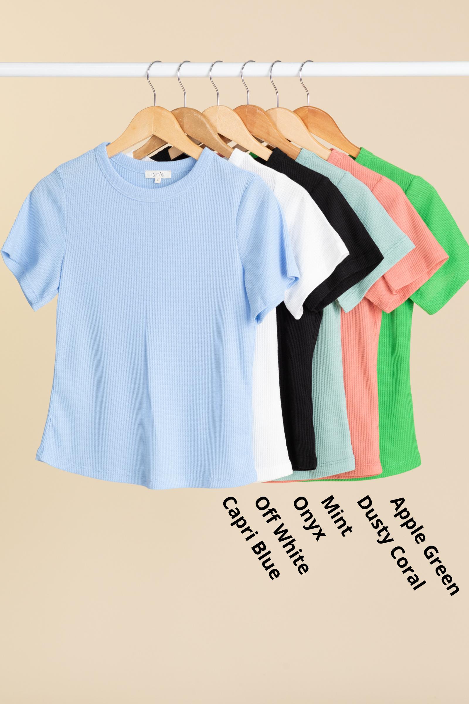 Soft Waffle Knit Slim Fitted Short Sleeve Tops Product Image