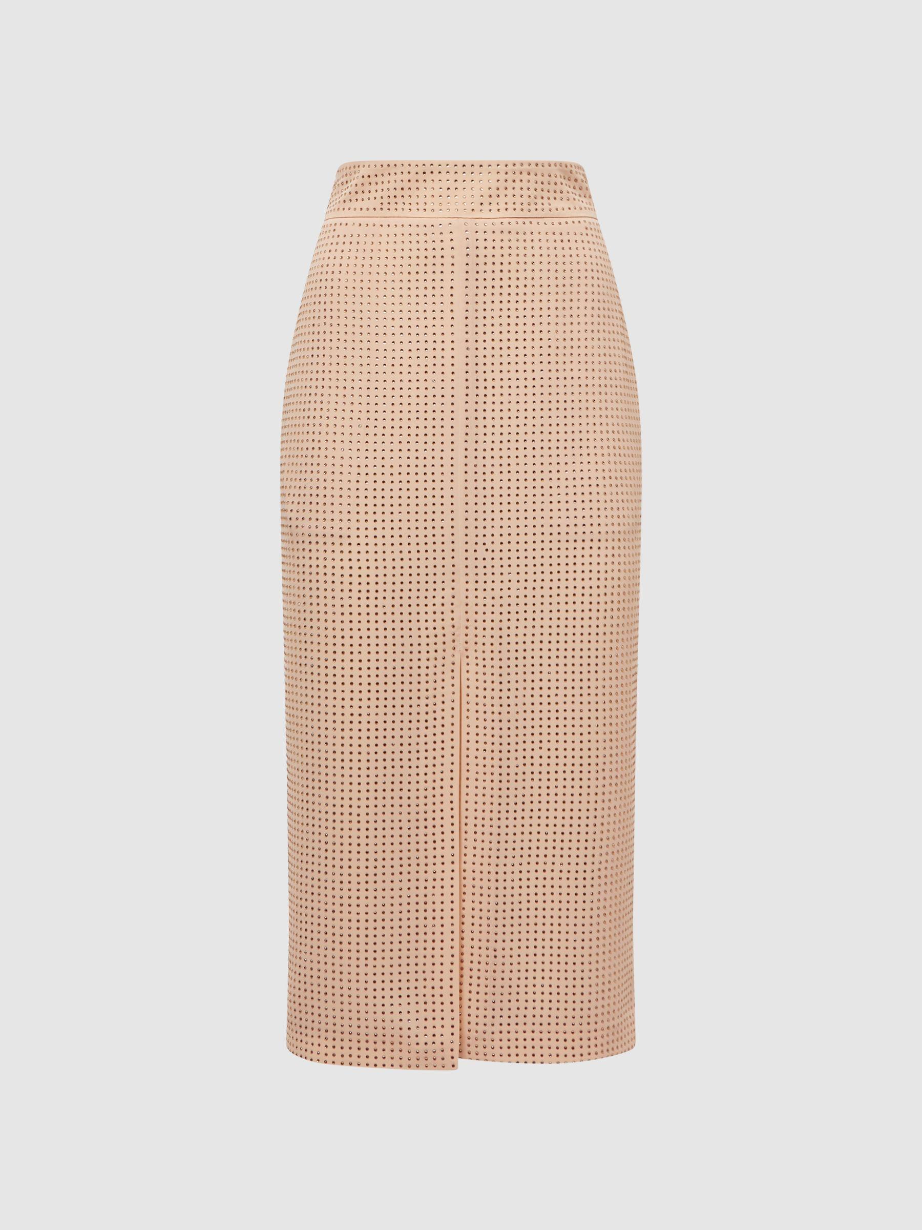 Embellished High Rise Midi Skirt in Nude Product Image