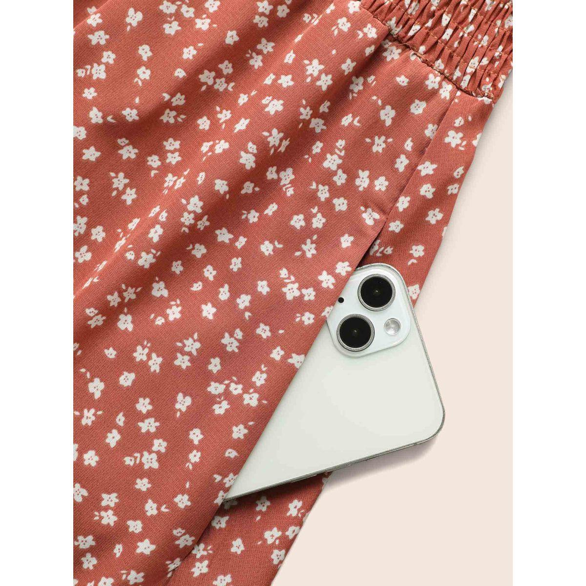 Plus Size Ditsy Floral Shirred Ruffle Sleeve Midi Dress Rouge Women Elegant Gathered V-neck Short sleeve Curvy BloomChic 14-16/1X Product Image