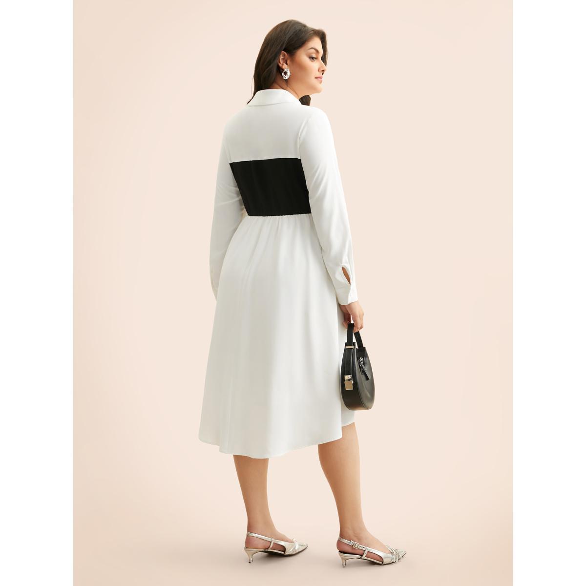 Plus Size Contrast Patchwork Pleated Midi Dress WhiteSmoke Women At the Office Contrast Shirt collar Long Sleeve Curvy BloomChic 28/5X Product Image