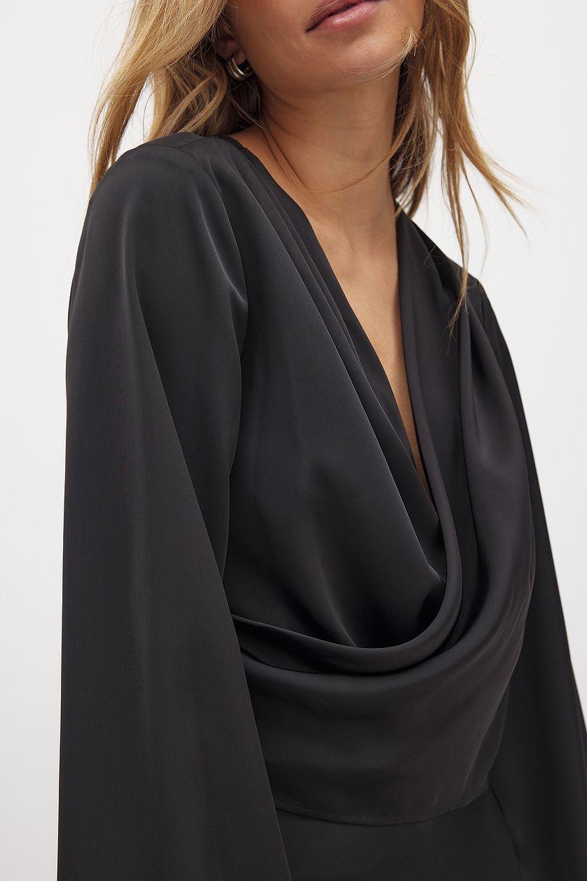 Asymmetric Overlap Long Sleeve Satin Top Product Image