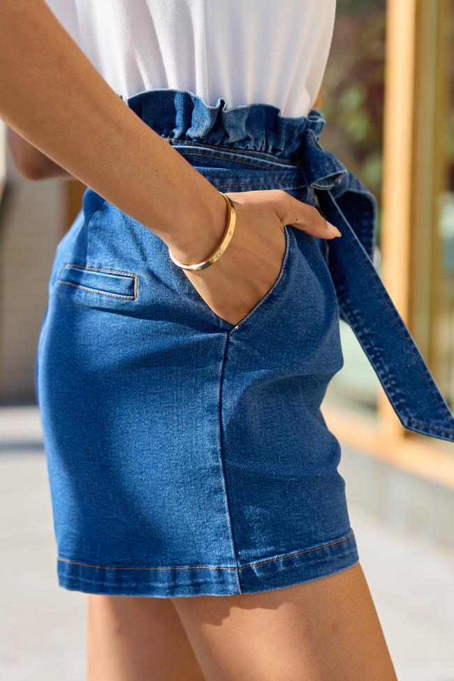 What's New Dark Wash Paperbag Waist Belted Denim Shorts Product Image
