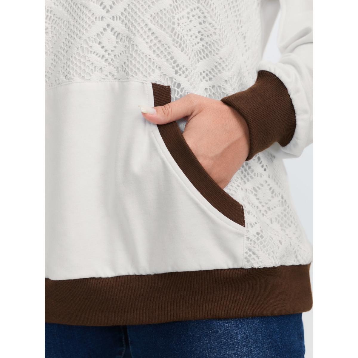 Plus Size Supersoft Lace Trim Colorblock Hoodie Women Ivory Leisure Contrast Hooded Casual Sweatshirts BloomChic 26/4X Product Image