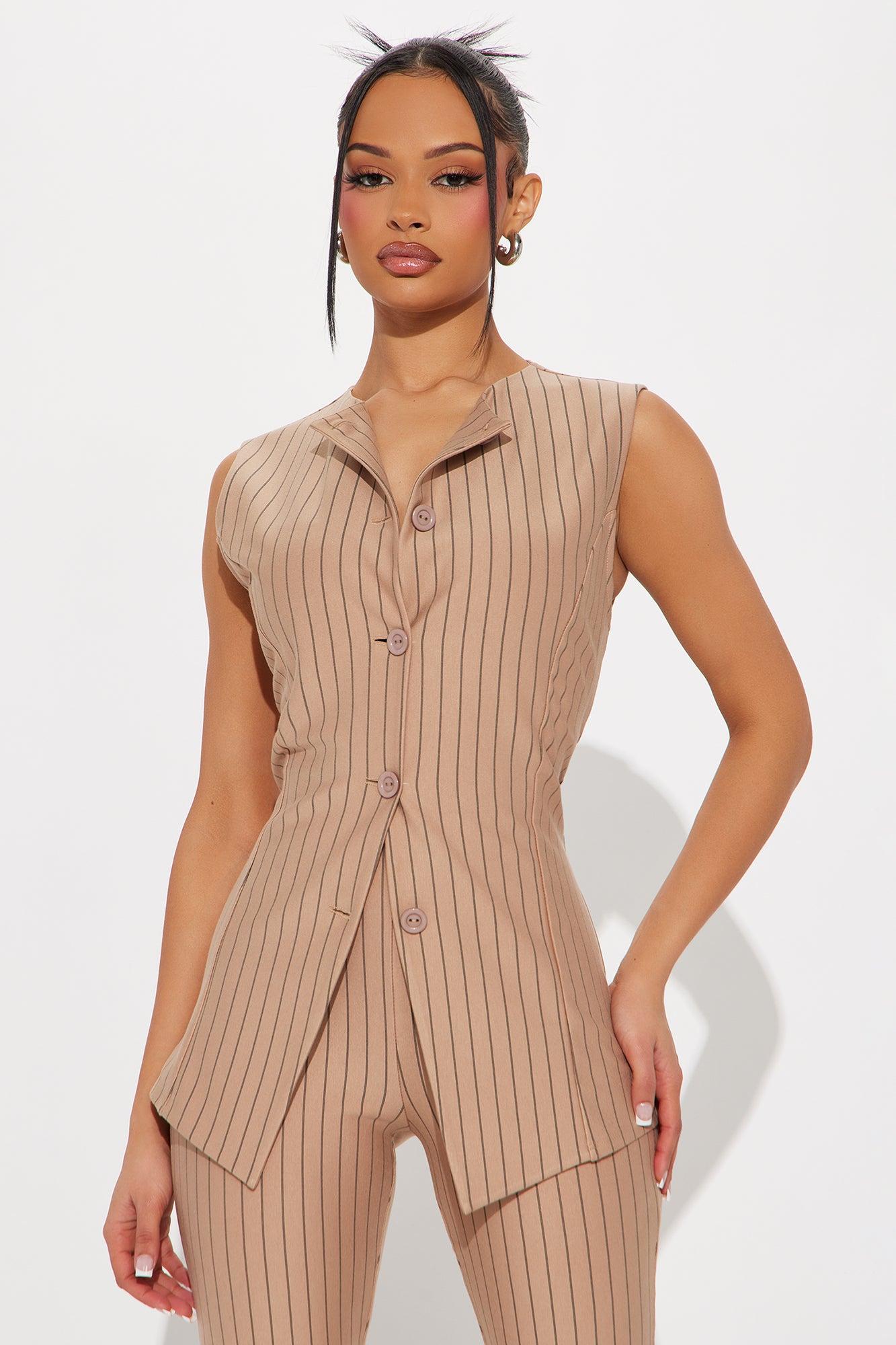 Like A Boss Pinstripe Vest And Pant Set - Taupe Product Image