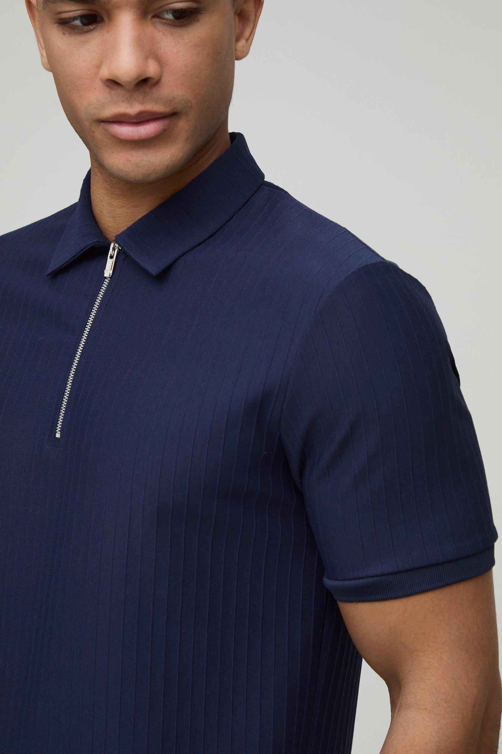 Slim Fit Zip Collar Textured Stripe Short Sleeve Polo | boohooMAN USA Product Image