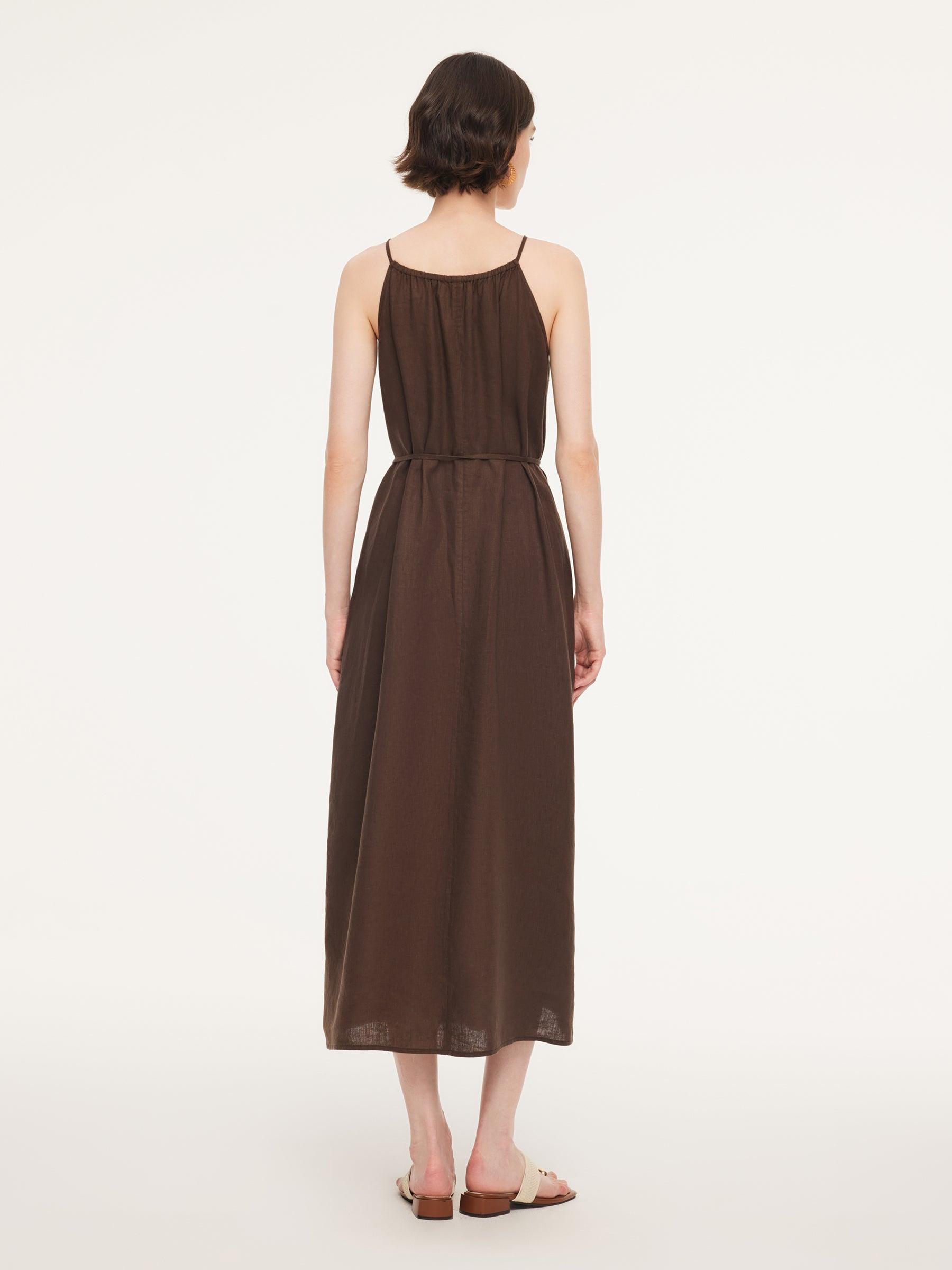 100% Linen Beaded Neck Women Strap Maxi Dress With Tie String Belt Product Image