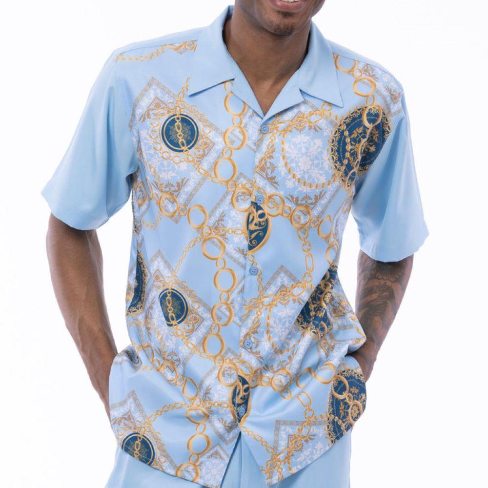 Men's 2 Piece Gold Chain Print Pattern Light Blue Walking Suit Male Product Image