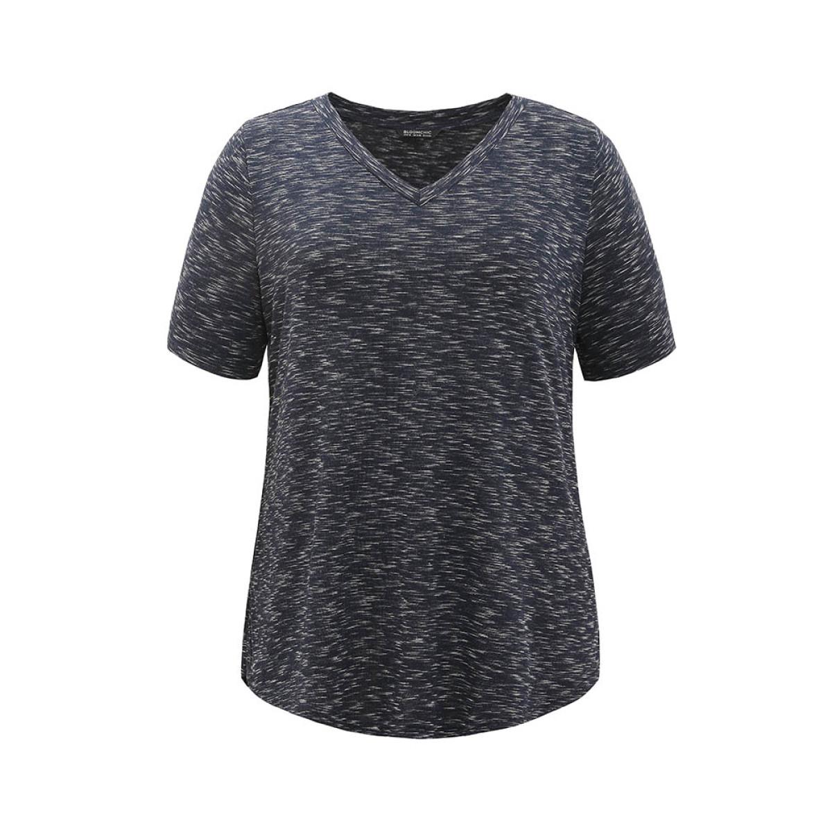 Plus Size Heather Split Side Basic T-shirt Indigo Women Casual Texture Plain V-neck Dailywear T-shirts BloomChic 26/4X Product Image