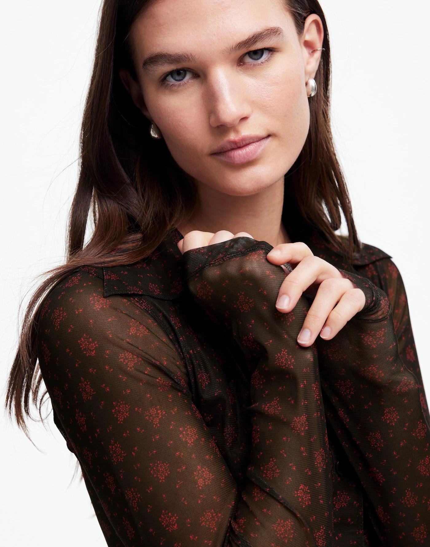 Long-Sleeve Button-Front Top in Floral Mesh Product Image