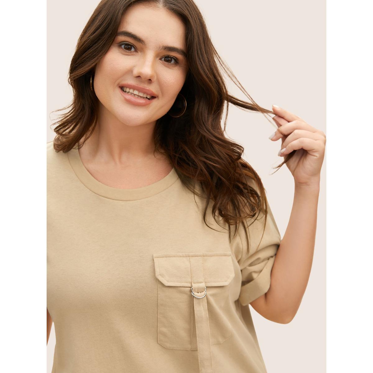 Plus Size Cotton Solid Patched Pocket Cuffed Sleeve T-shirt Champagne Women Casual Roll Hem Round Neck Everyday T-shirts BloomChic 22-24/3X Product Image