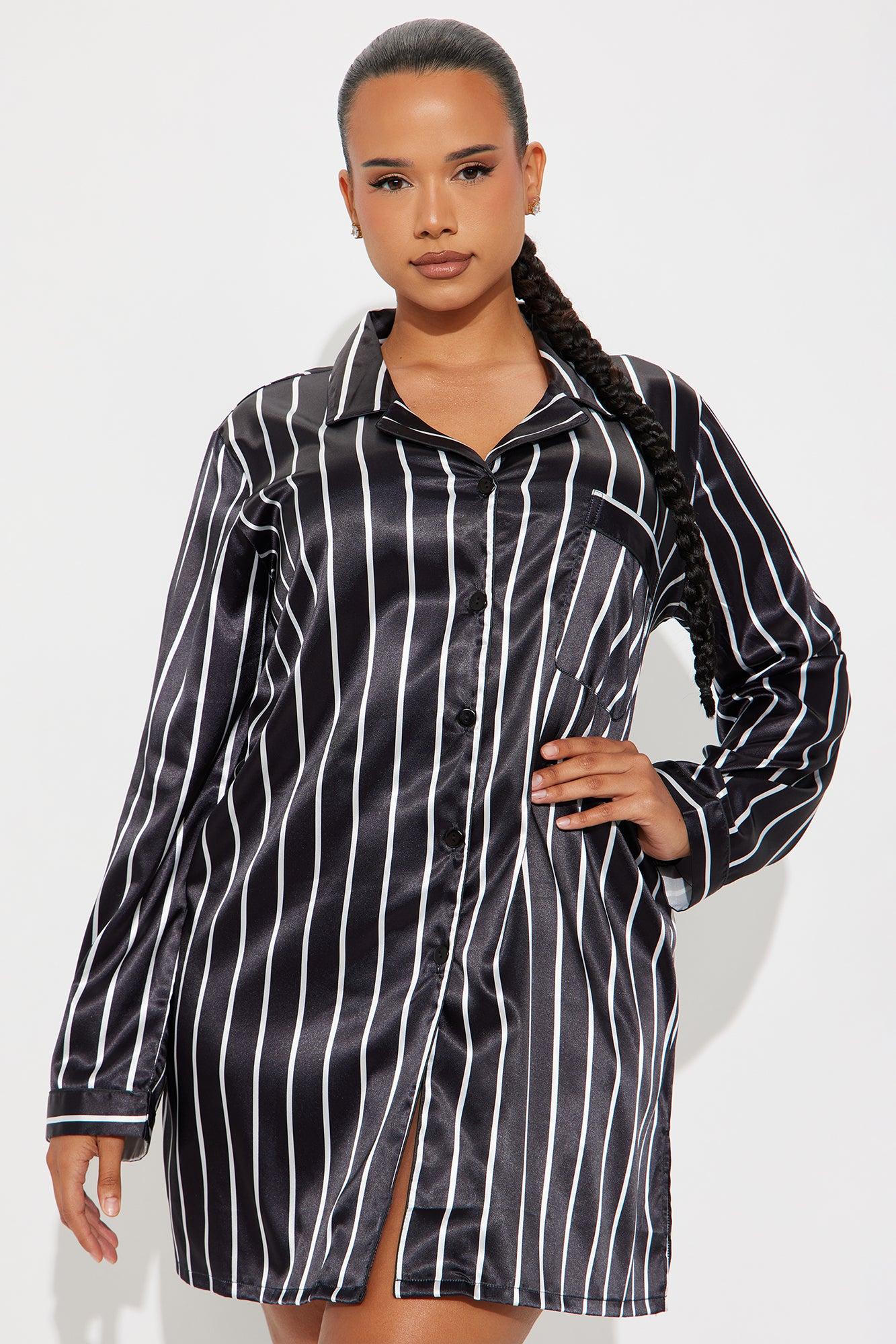 Elle Satin Long Sleeve PJ Sleep Shirt - Black/White Female Product Image