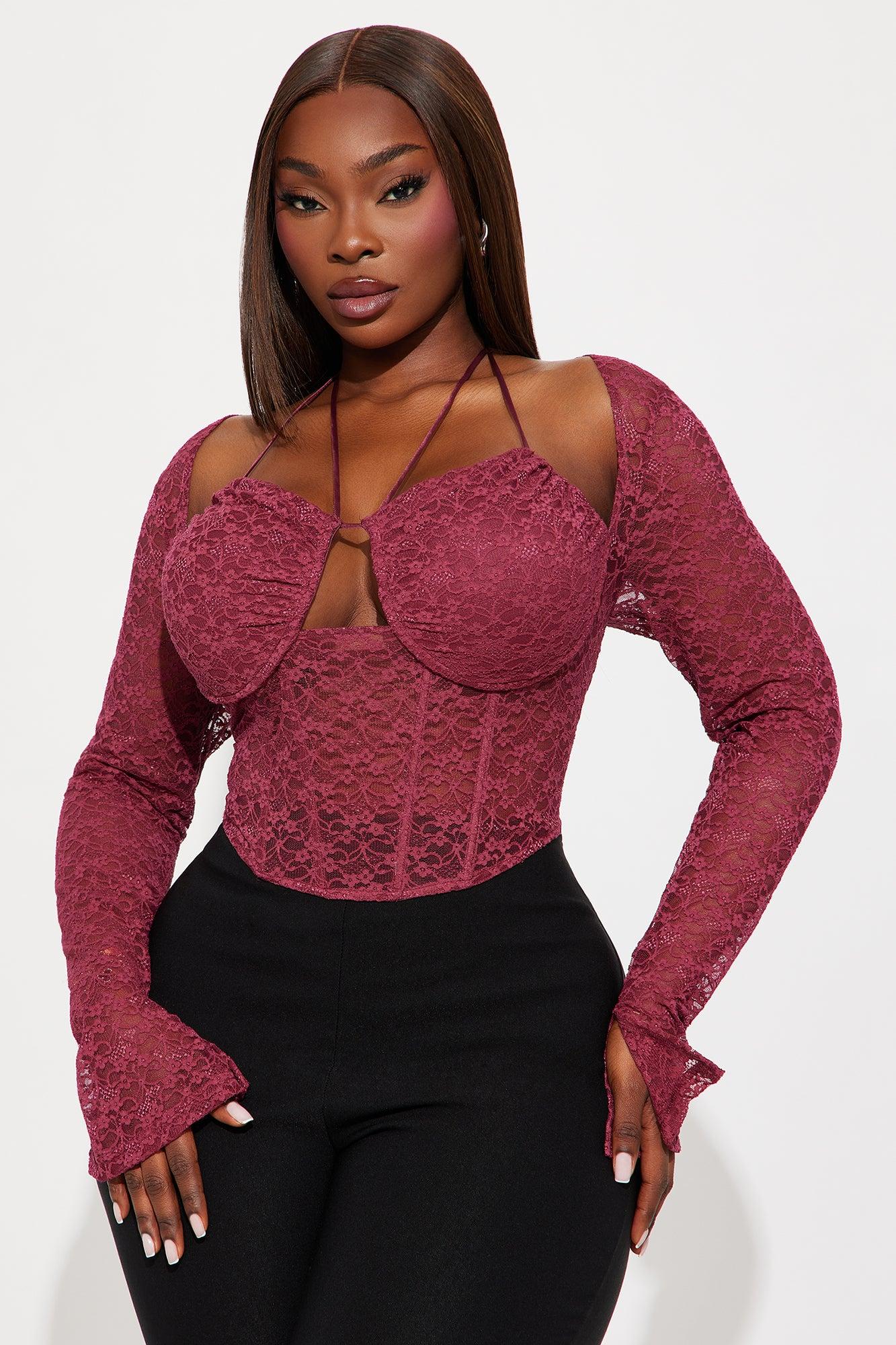 Evelyn Lace Long Sleeve Corset Top - Burgundy Female Product Image