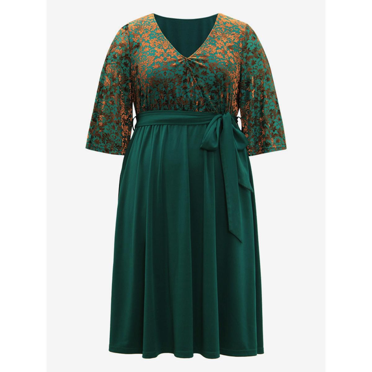Plus Size Silhouette Floral Print Belted Patchwork Velvet Dress Emerald Women Vacation Wrap Overlap Collar Elbow-length sleeve Curvy Midi Dress BloomChic 10/M Product Image