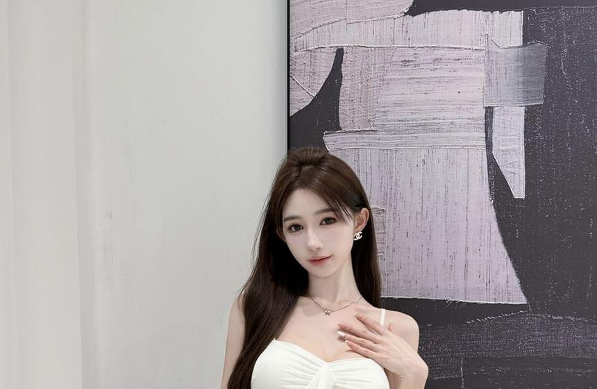 Spaghetti Strap Plain Ruffled Mini Mesh Bodycon Dress Product Image