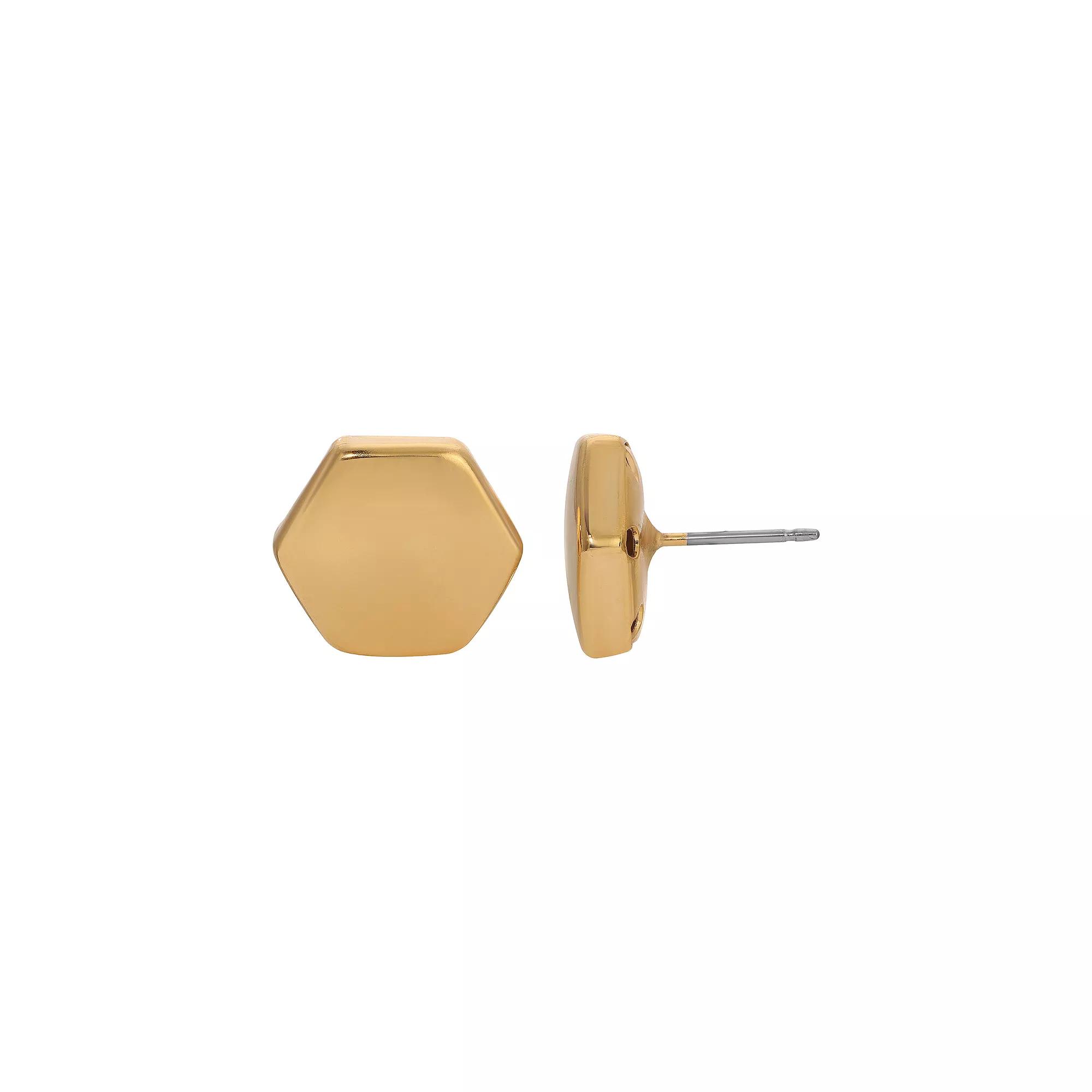 1928 Gold Tone Hex Button Post Earrings, Womens, Yellow Product Image