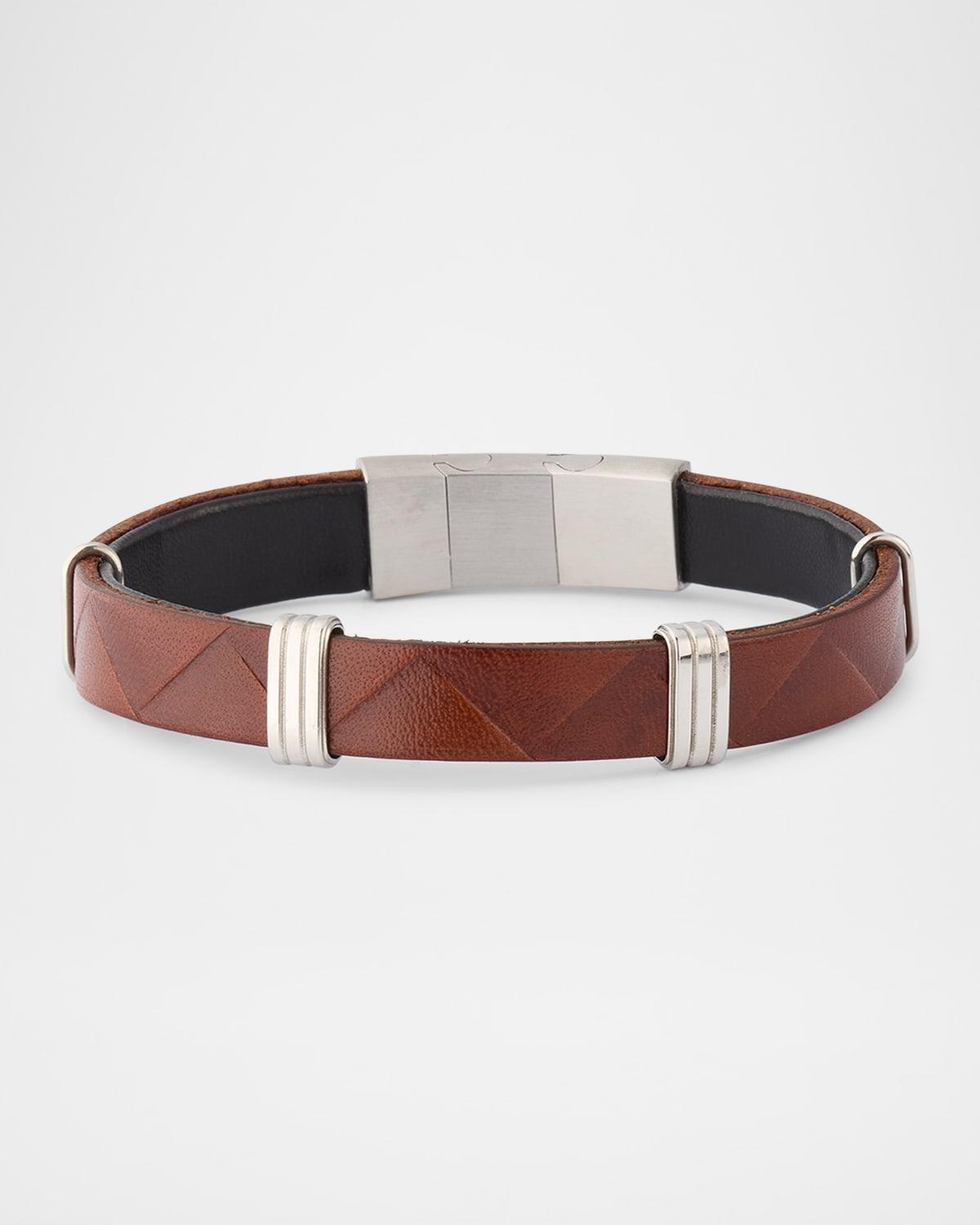 Mens Embossed Chevron Leather and Stainless Steel Bracelet Product Image