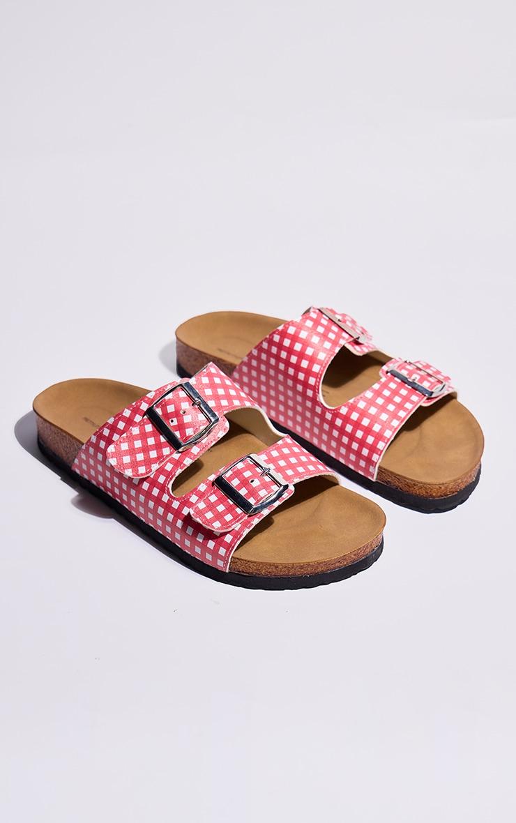 Red Gingham PU Buckle Strap Flat Sandals Product Image