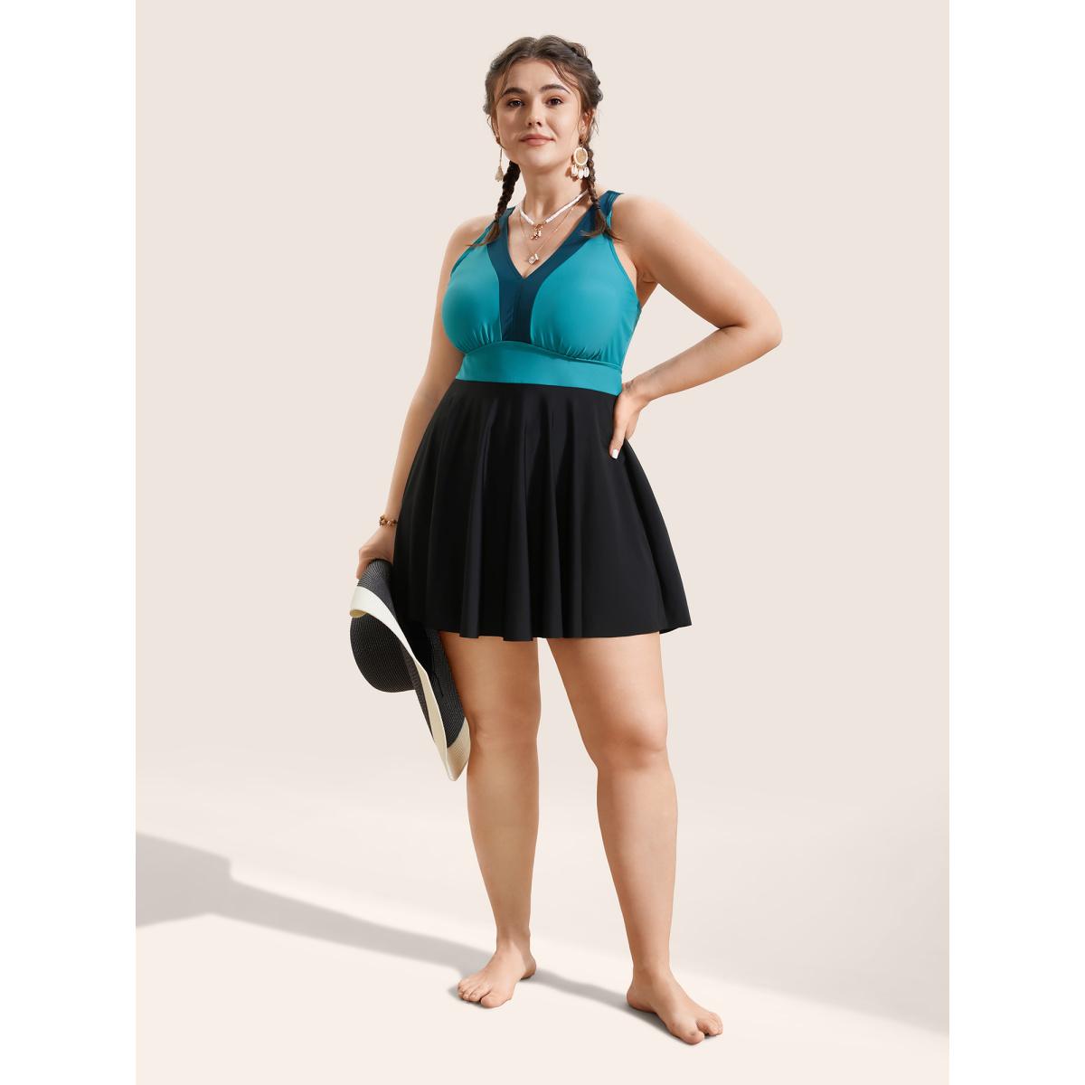 Plus Size V Neck Patchwork Contrast Gathered Swim Dress Women's Swimwear Emerald Beach Bodycon V-neck High stretch Curve Swim Dresses BloomChic 26/4X Product Image