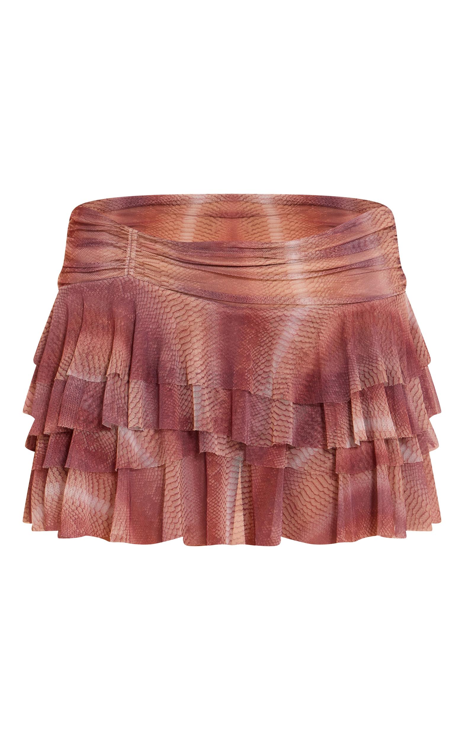 Multi Snake Printed Mesh Frilly Low Waist Mini Skirt Product Image
