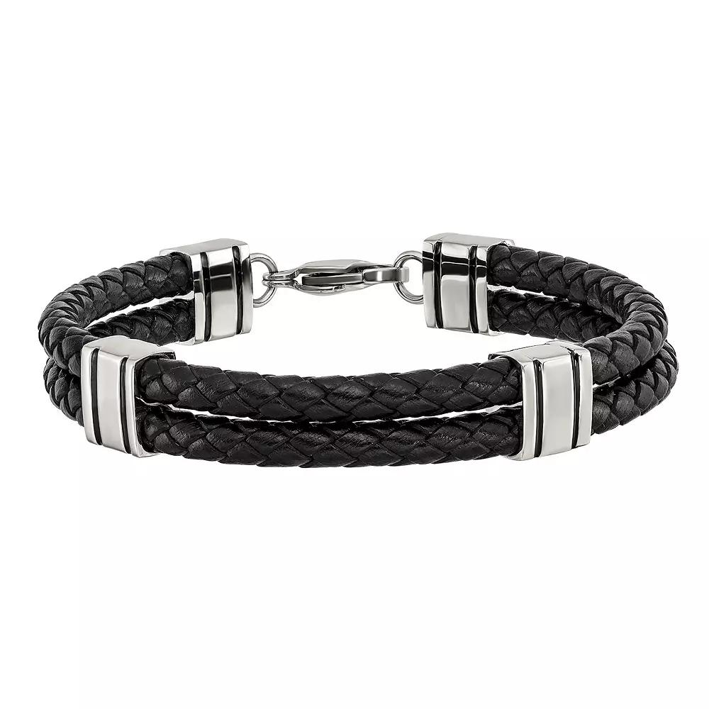 Men's Stainless Steel Double Strand Black Leather Bracelet, Size: 9" Product Image