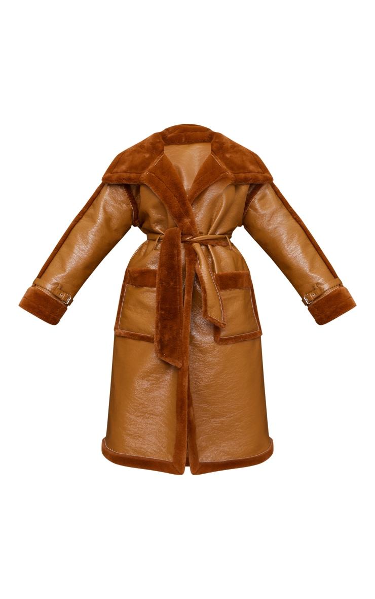 Plus Camel Vinyl Contrast Faux Fur Midi Coat Product Image
