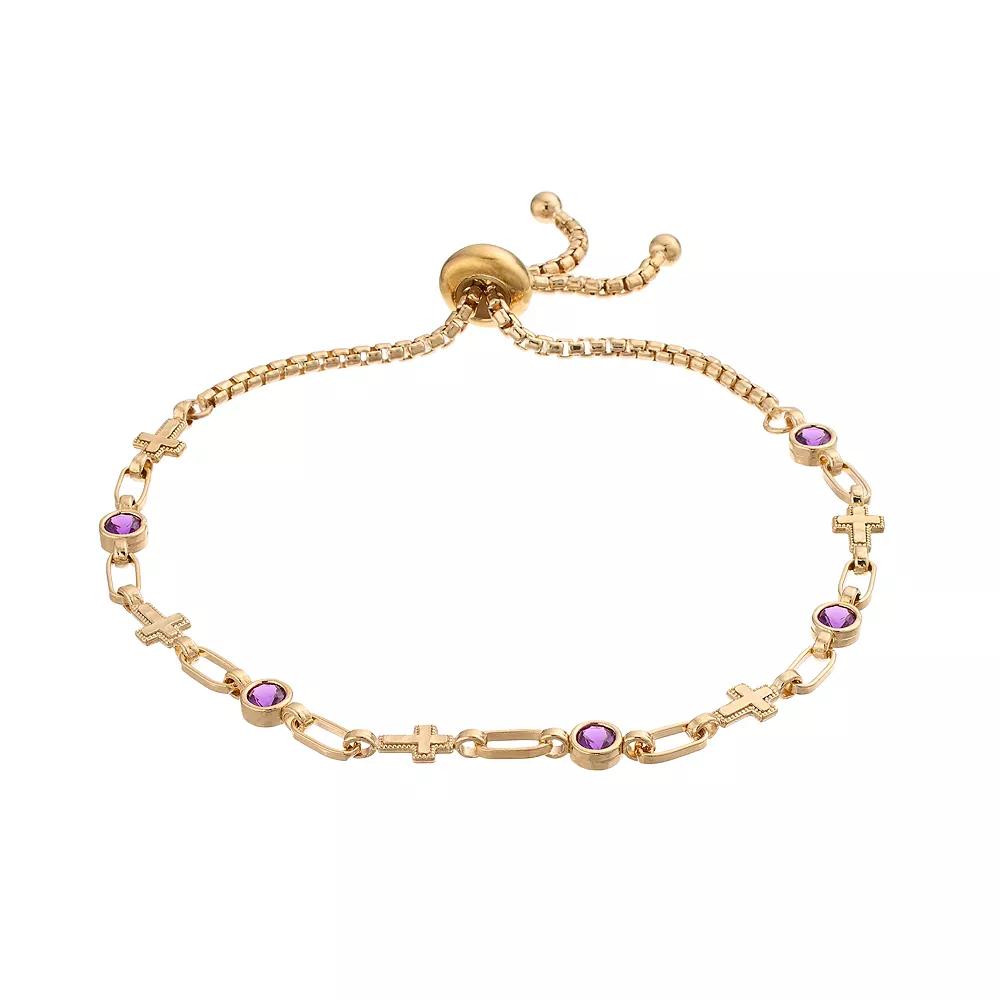 Kristen Kesho Sterling Silver Lab-Created Amethyst & Cross Link Adjustable Bolo Bracelet, Women's, Size: 9.50, Pink Tone Product Image