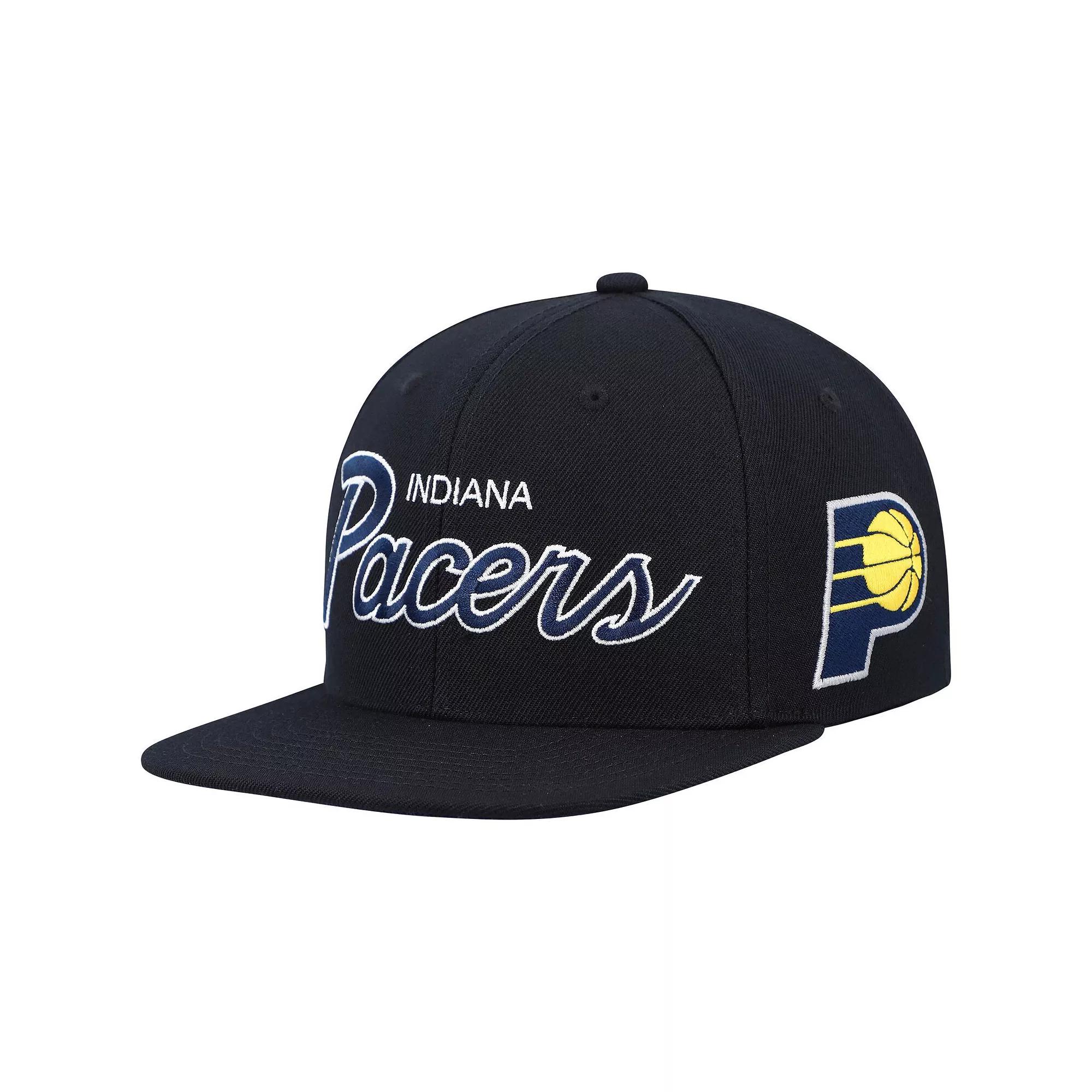Men's Mitchell & Ness Black Indiana Pacers Hardwood Classics Script 2.0 Snapback Hat Product Image