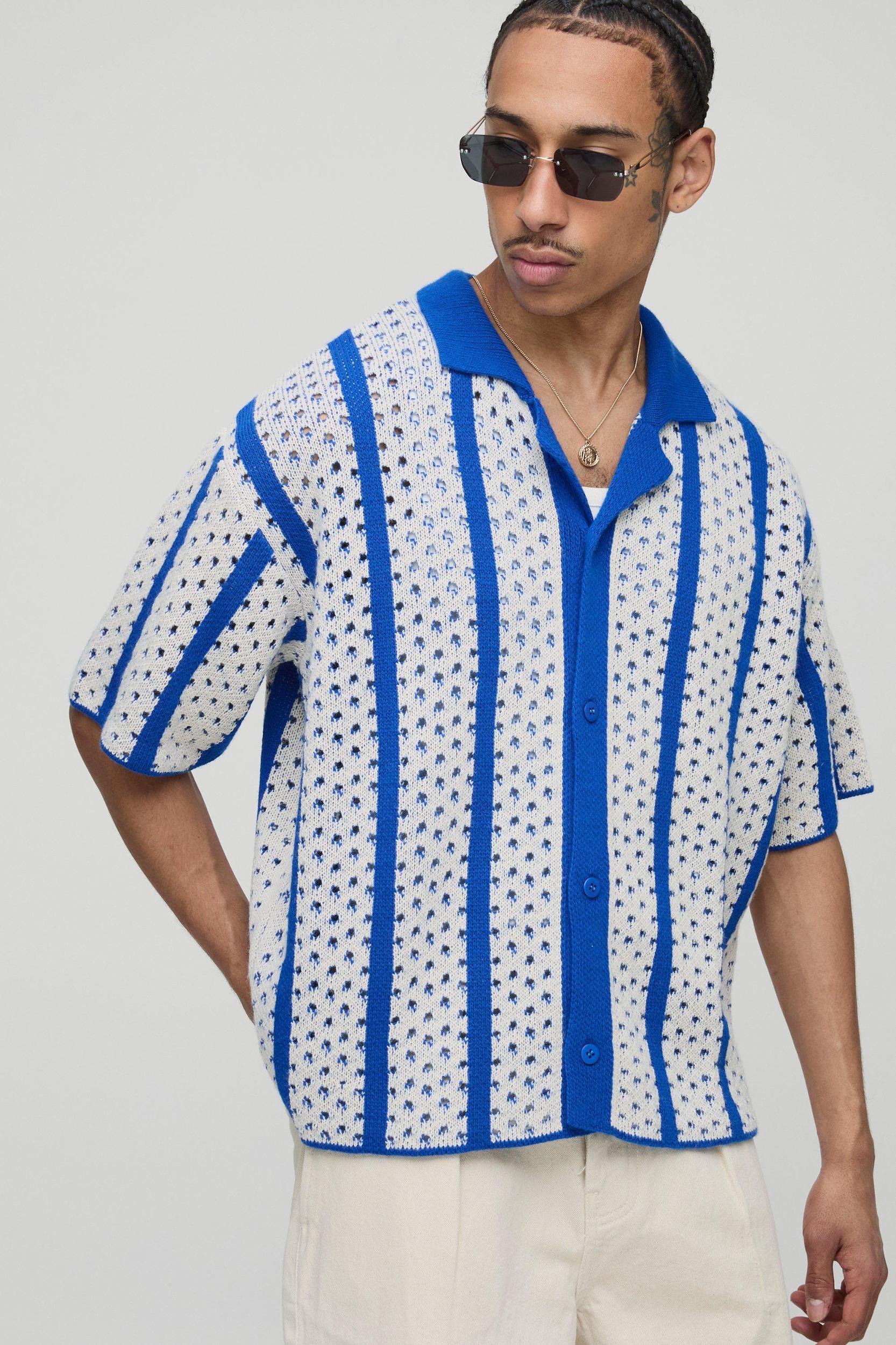 Boxy Stripe Open Stitch Knitted Shirt | boohooMAN USA Product Image