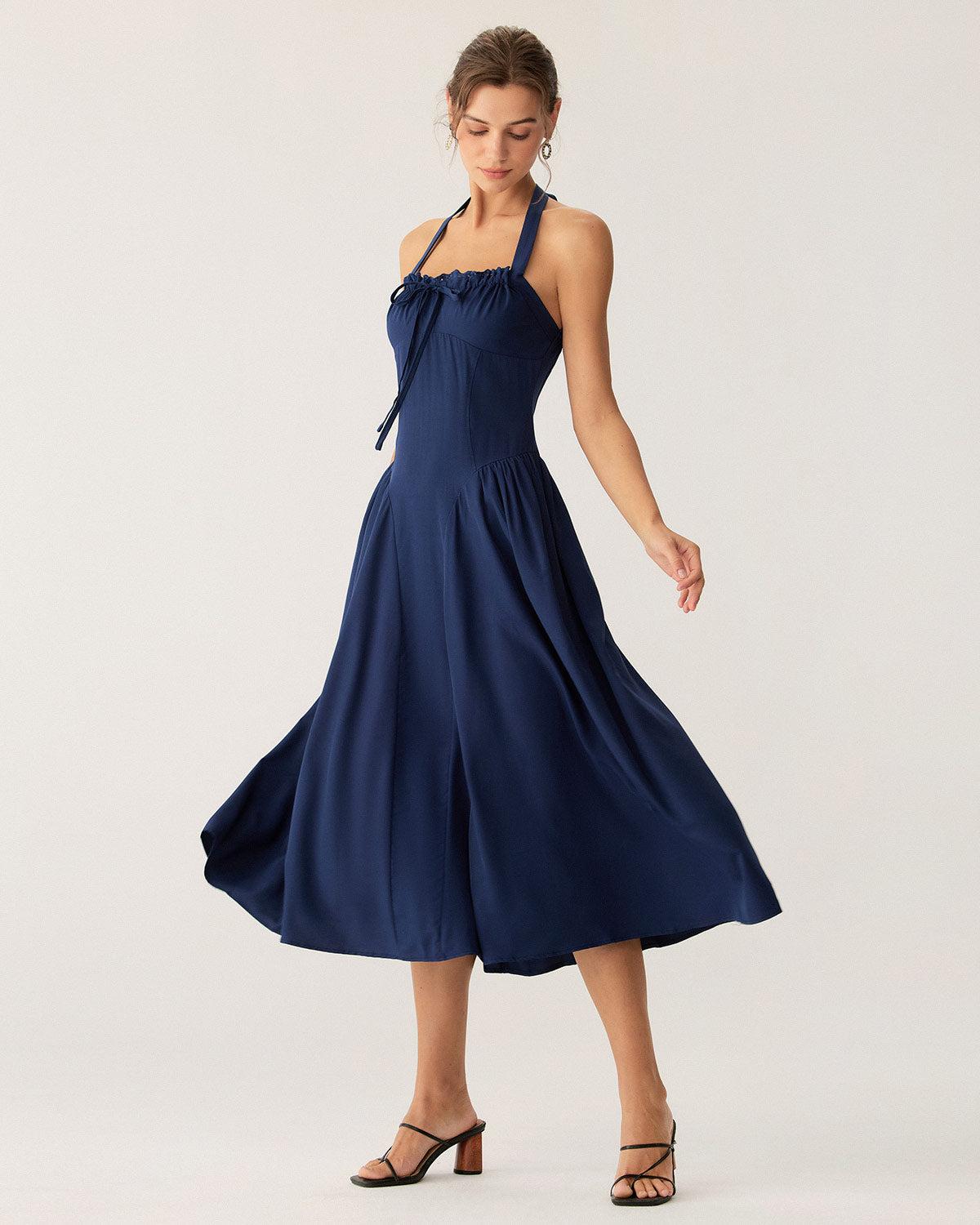 Navy Ruched Halter Midi Dress Product Image