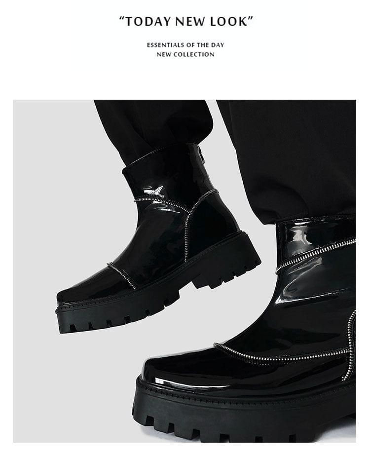 Platform Square Toe Plain Zipped Genuine Leather Short Boots Product Image