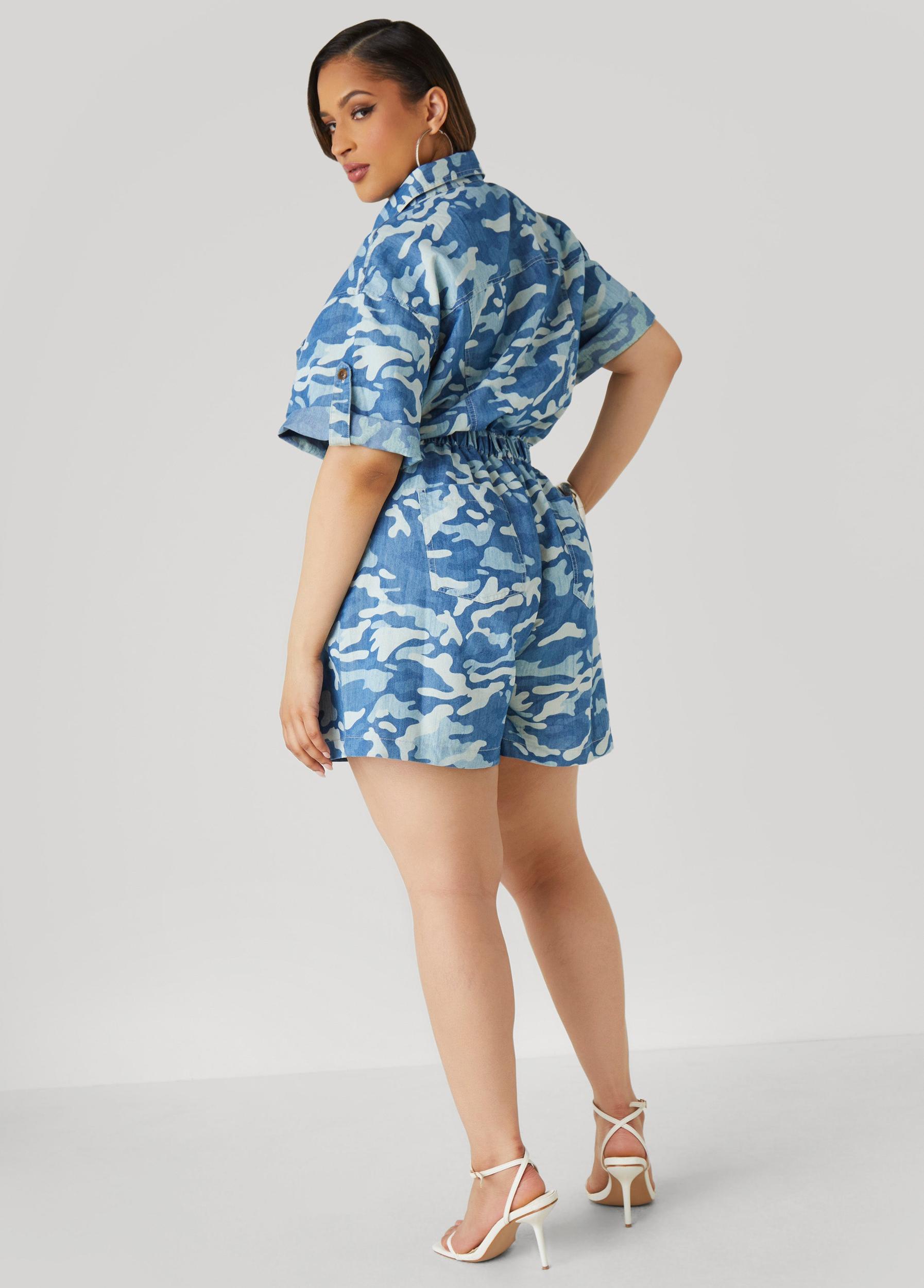 Plus Size Camo Print Denim Romper Ashley Stewart Product Image