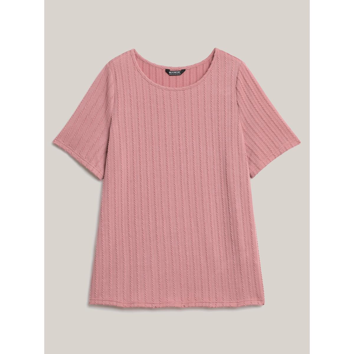 Plus Size Cable Knit Textured Round Neck T-Shirt Beanpastepowder Women Leisure Texture Round Neck Casual T-shirts BloomChic 26/4X Product Image