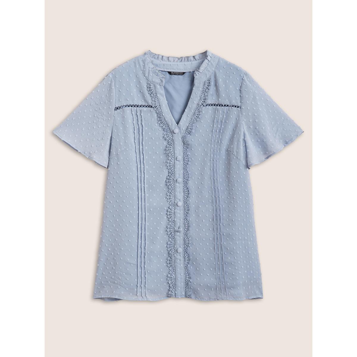Plus Size Stone Textured Lace Insert Pleated Flutter Sleeve Blouse Women Elegant Short sleeve Flat collar Everyday Blouses BloomChic 14-16/1X Product Image