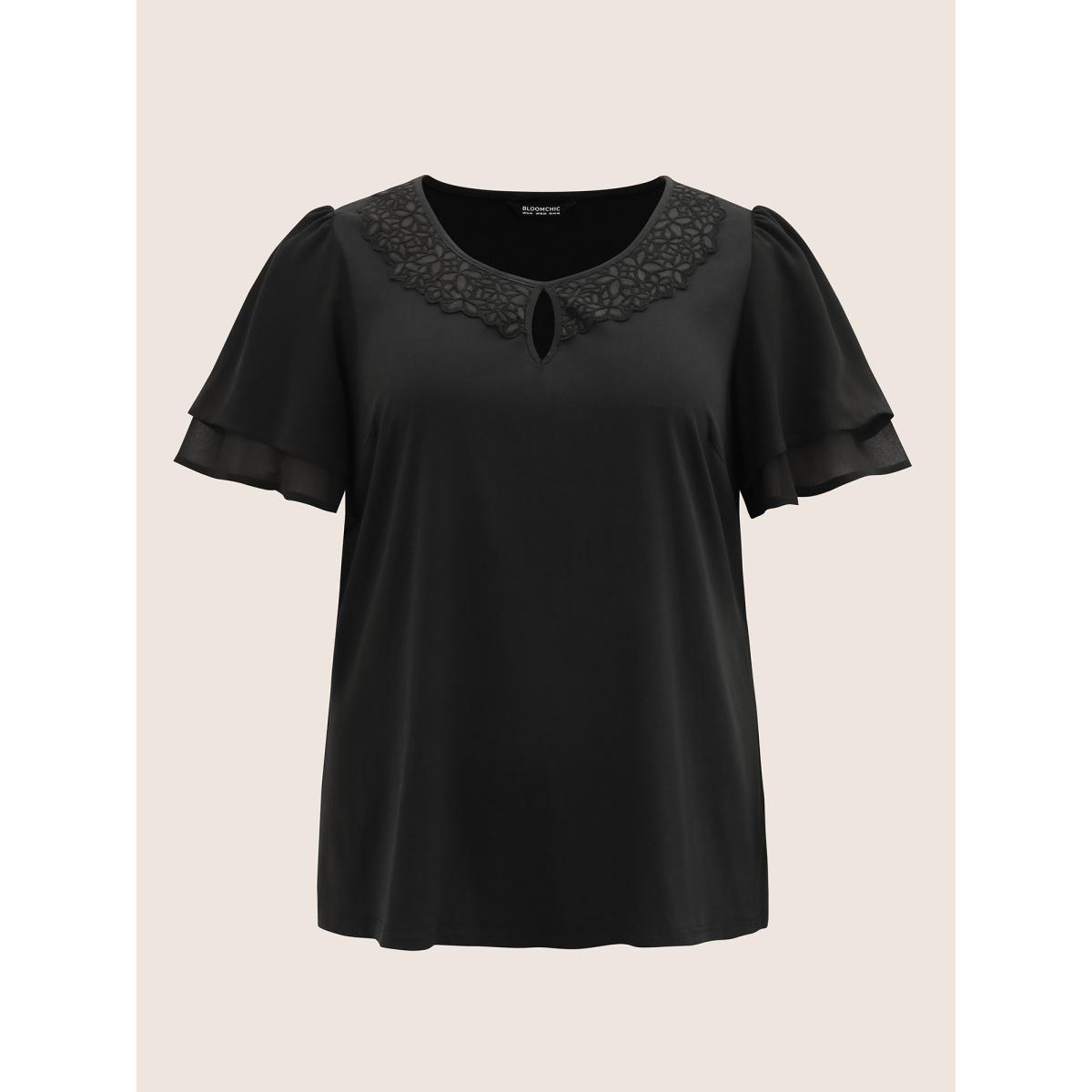 Plus Size Black Stretchy Woven Cut Out Lace Patchwork Blouse Women Elegant Short sleeve Round Neck Everyday Blouses BloomChic 18-20/2X Product Image