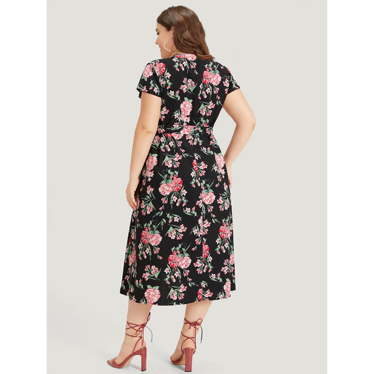 Plus Size Floral Print Wrap Pocket Knot Asymmetrical Hem Dress Black Women Elegant Wrap V-neck Short sleeve Curvy Midi Dress BloomChic 22-24/3X Product Image