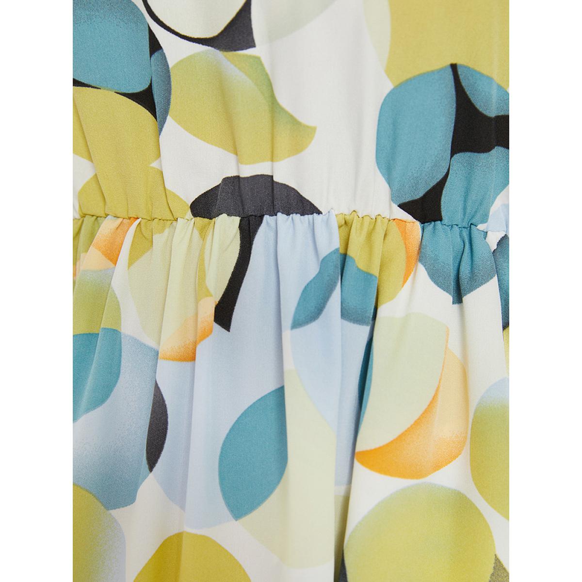 Plus Size Geometric Print Pocket Ruffle Layered Hem Sleeveless Dress YellowGreen Women Elegant Lined Round Neck Sleeveless Curvy Knee Dress BloomChic 14-16/1X Product Image