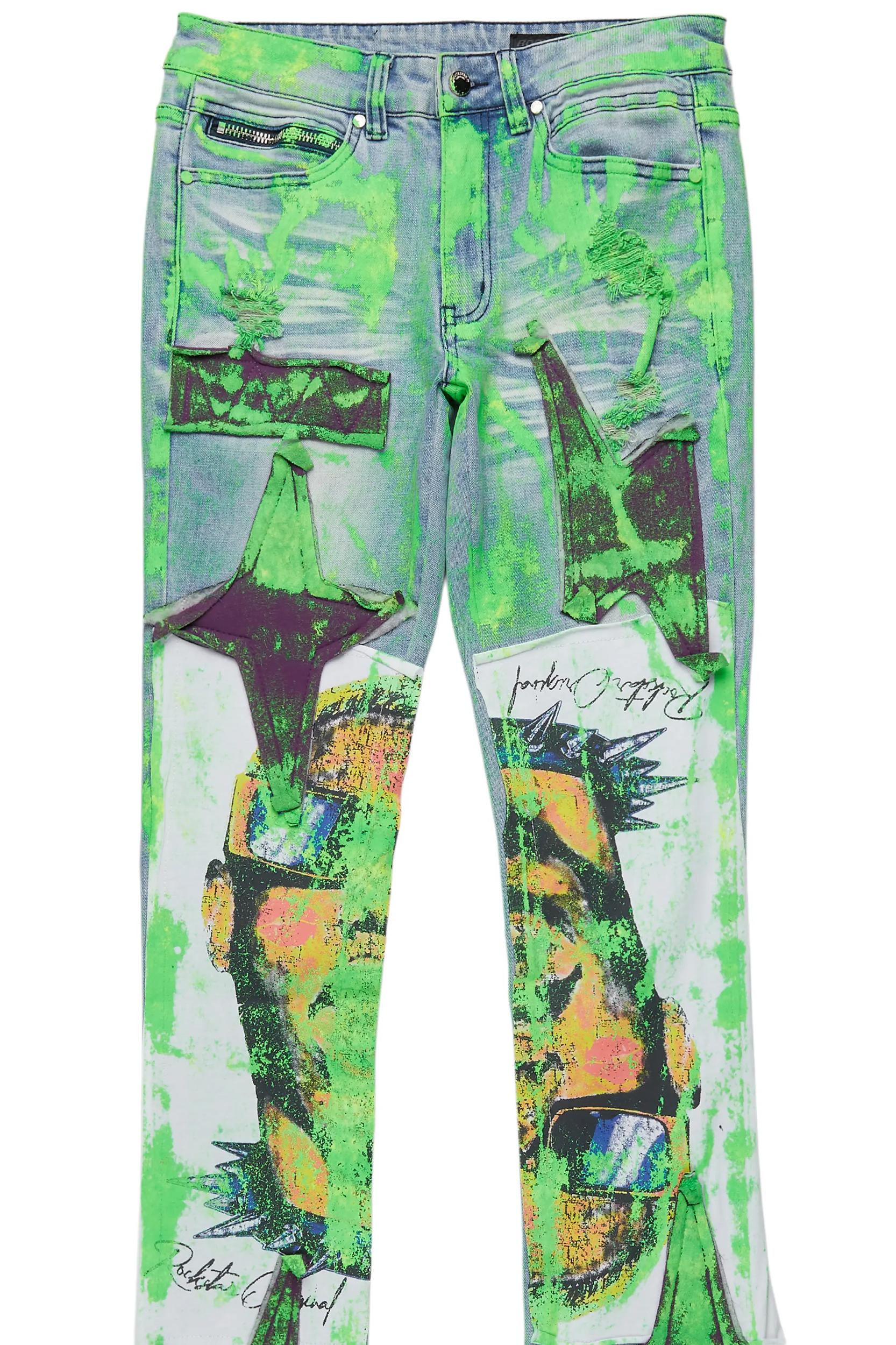 Savier Blue/Green Roller Paint Stacked Flare Jean Male Product Image