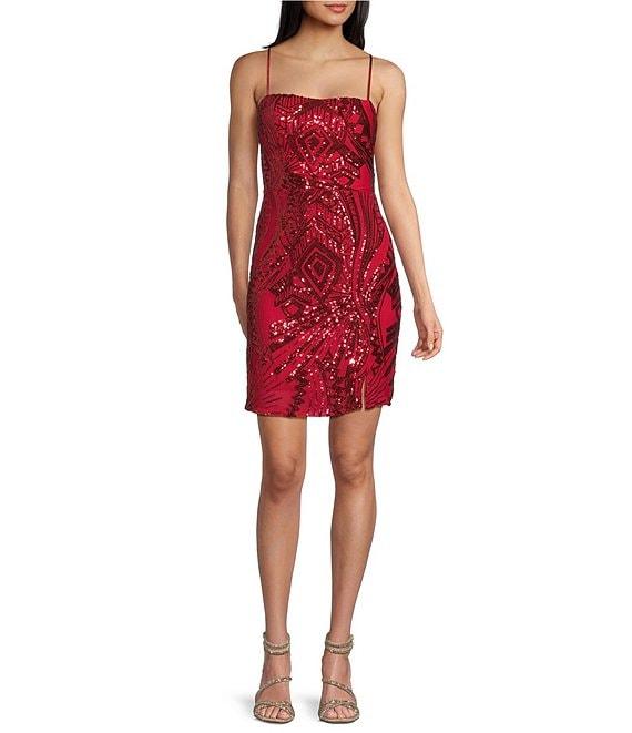 Midnight Doll Spaghetti Strap Placement Sequin Strappy Back Bodycon Mini Dress Product Image