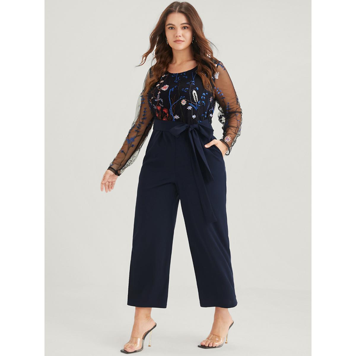 Plus Size DarkBlue Solid Pocket Embroidered Mesh Sleeve Knotted Jumpsuit Women Glamour Long Sleeve Round Neck Going out Loose Jumpsuits BloomChic 14-16/1X Product Image