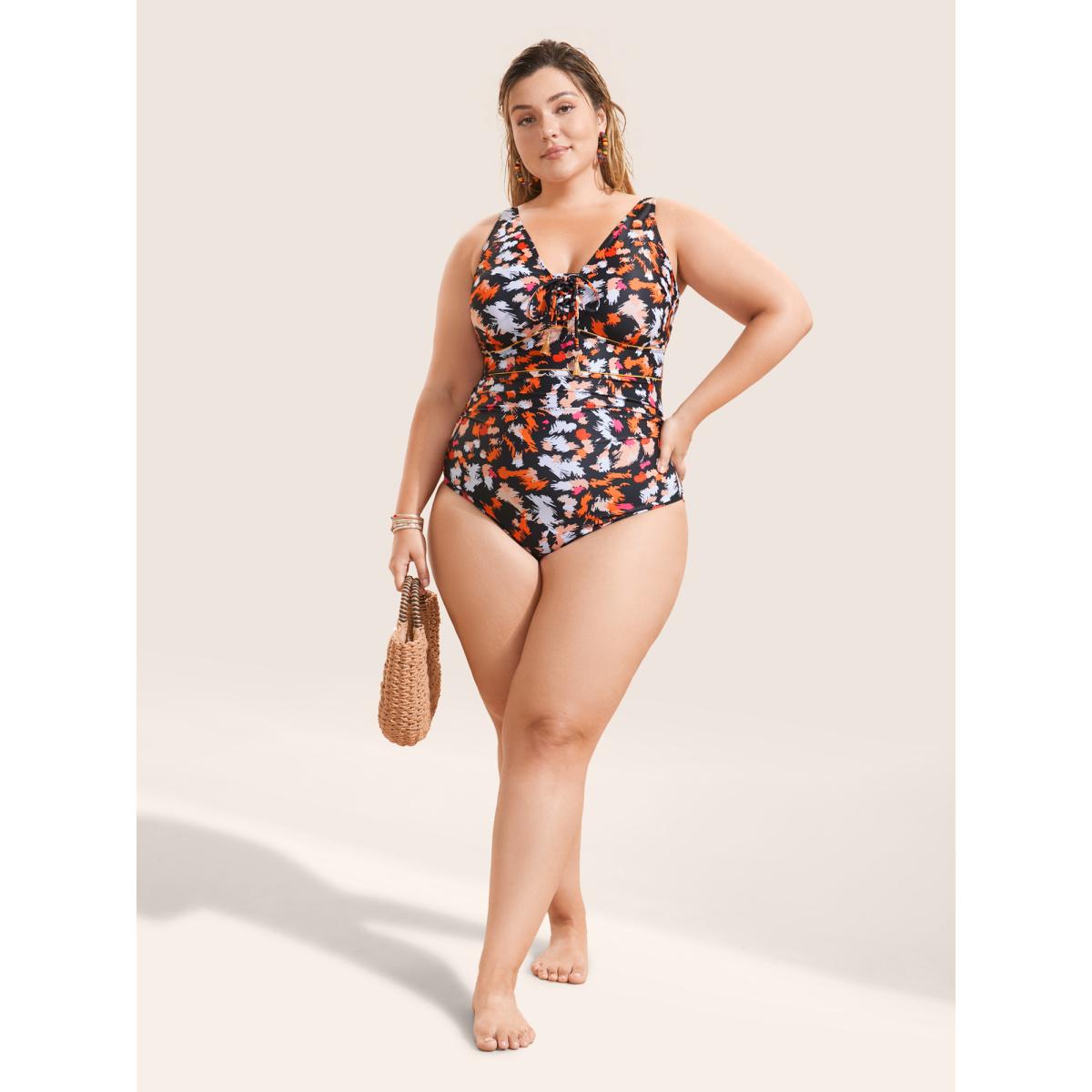 Plus Size Brush Print Ties Tassel One Piece Swimsuit Women's Swimwear Multicolor Beach Non Curve Bathing Suits Medium stretch One Pieces BloomChic 26/4X Product Image